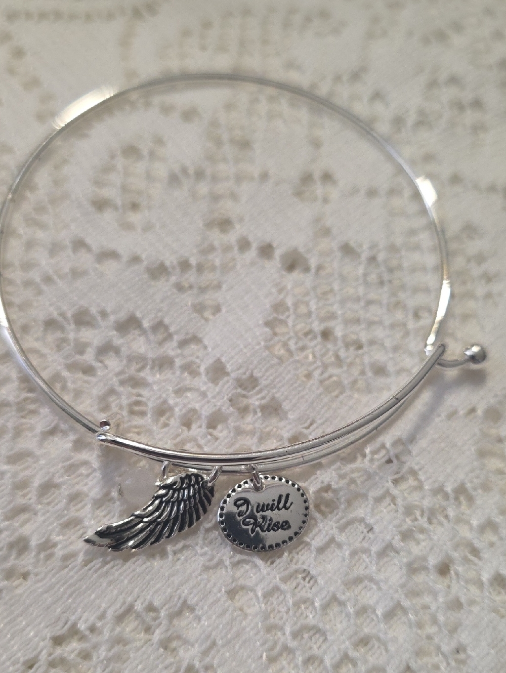 Sterling-Tone 'I Will Rise' Wing Charm Adjustable Bangle - Silver tone - Picture 3 of 3